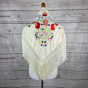Bohemian white pearl embroidered shawl with fringe